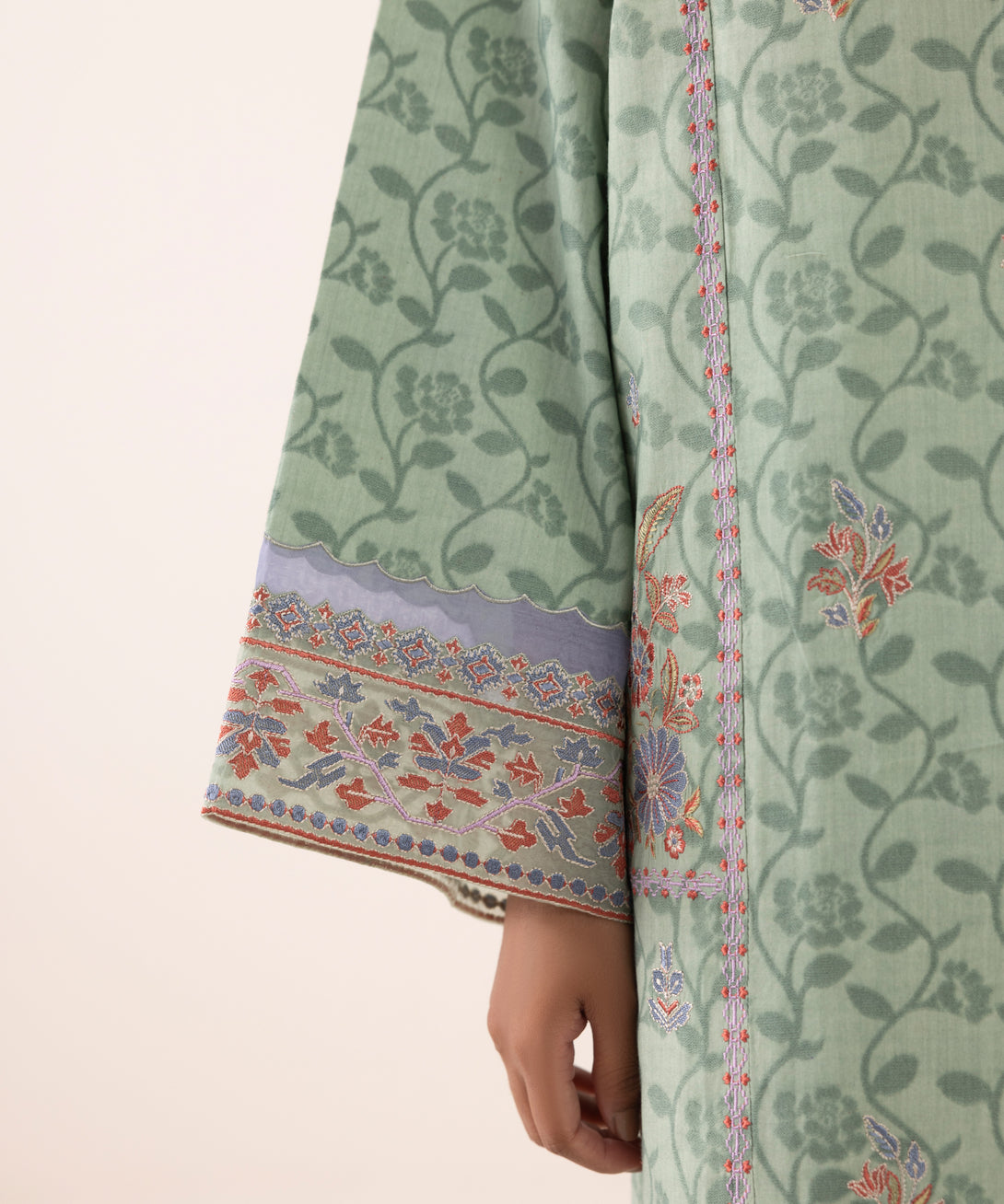 Women's Unstitched Jacquard Embroidered Green Three Piece Suit