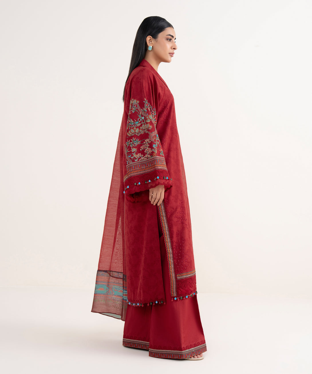 Women's Unstitched Cotton Jacquard Embroidered Red 3 Piece Suit