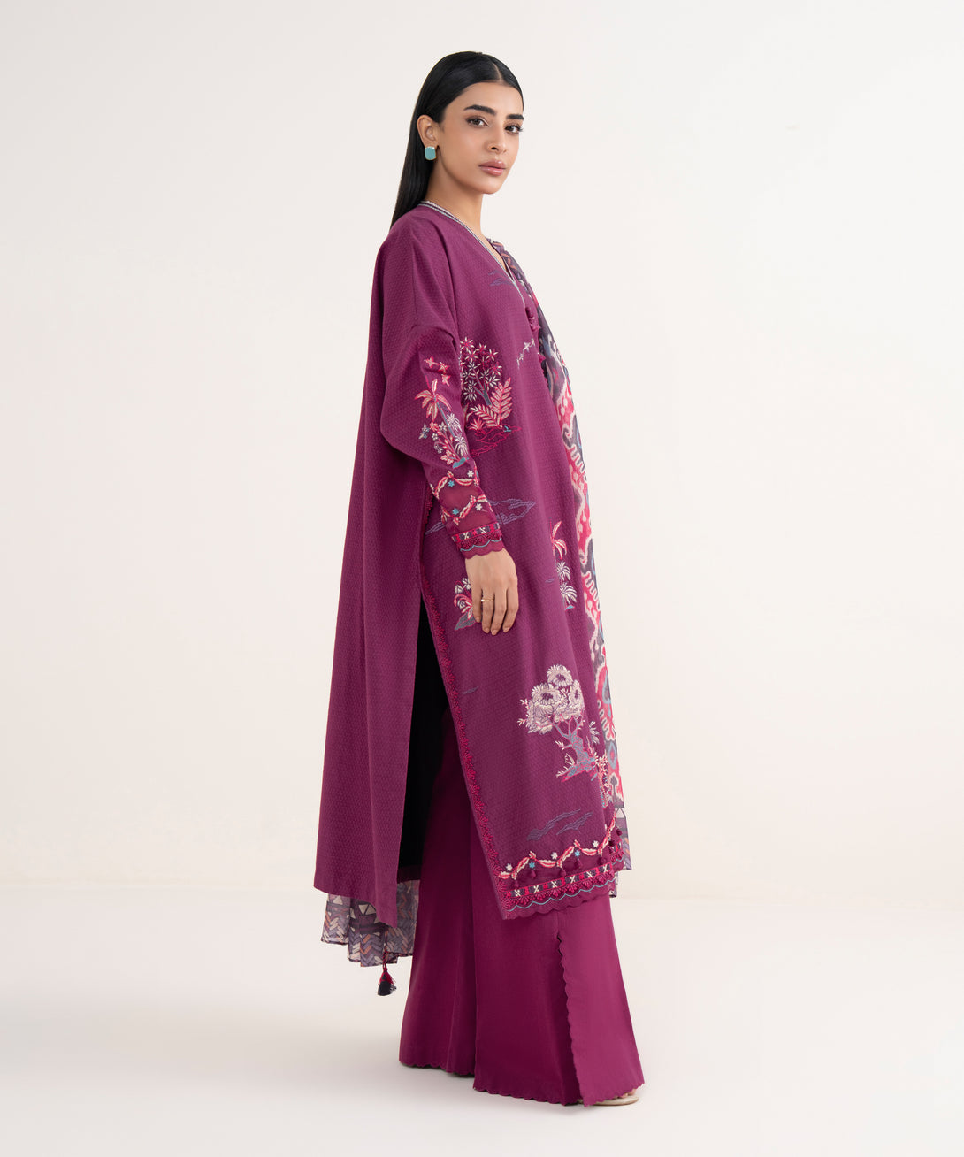 Women's Unstitched Dobby Embroidered Purple 3 Piece Suit