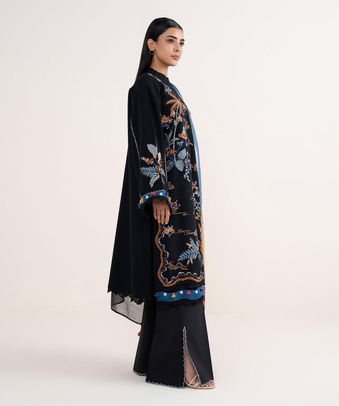 Women's Unstitched Dobby Embroidered Black 3 Piece Suit