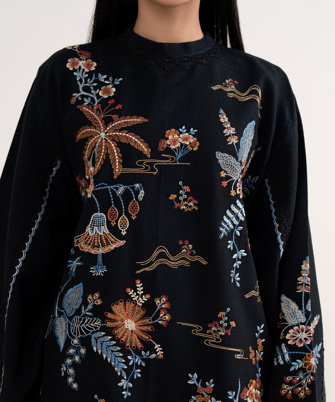 Women's Unstitched Dobby Embroidered Black 3 Piece Suit
