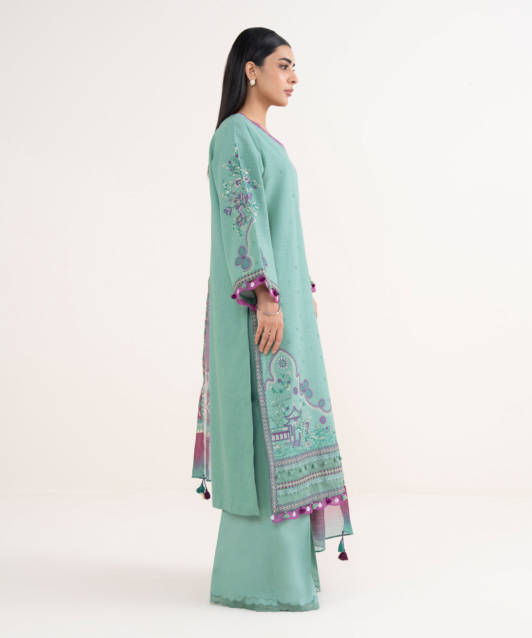 Women's Unstitched Dobby Embroidered Green 3 Piece Suit