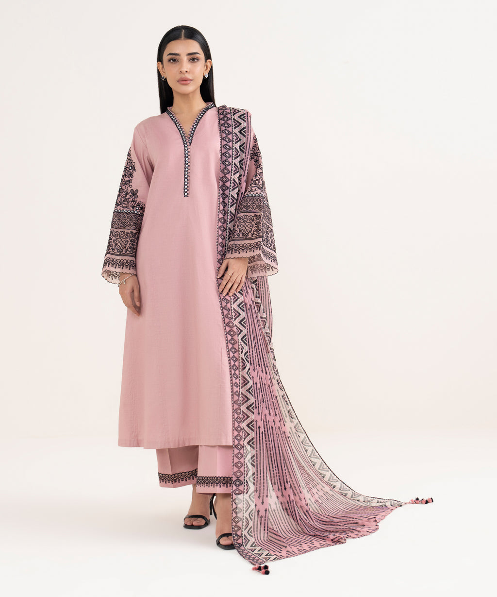 Women's Unstitched Cotton Embroidered Pink 3 Piece Suit
