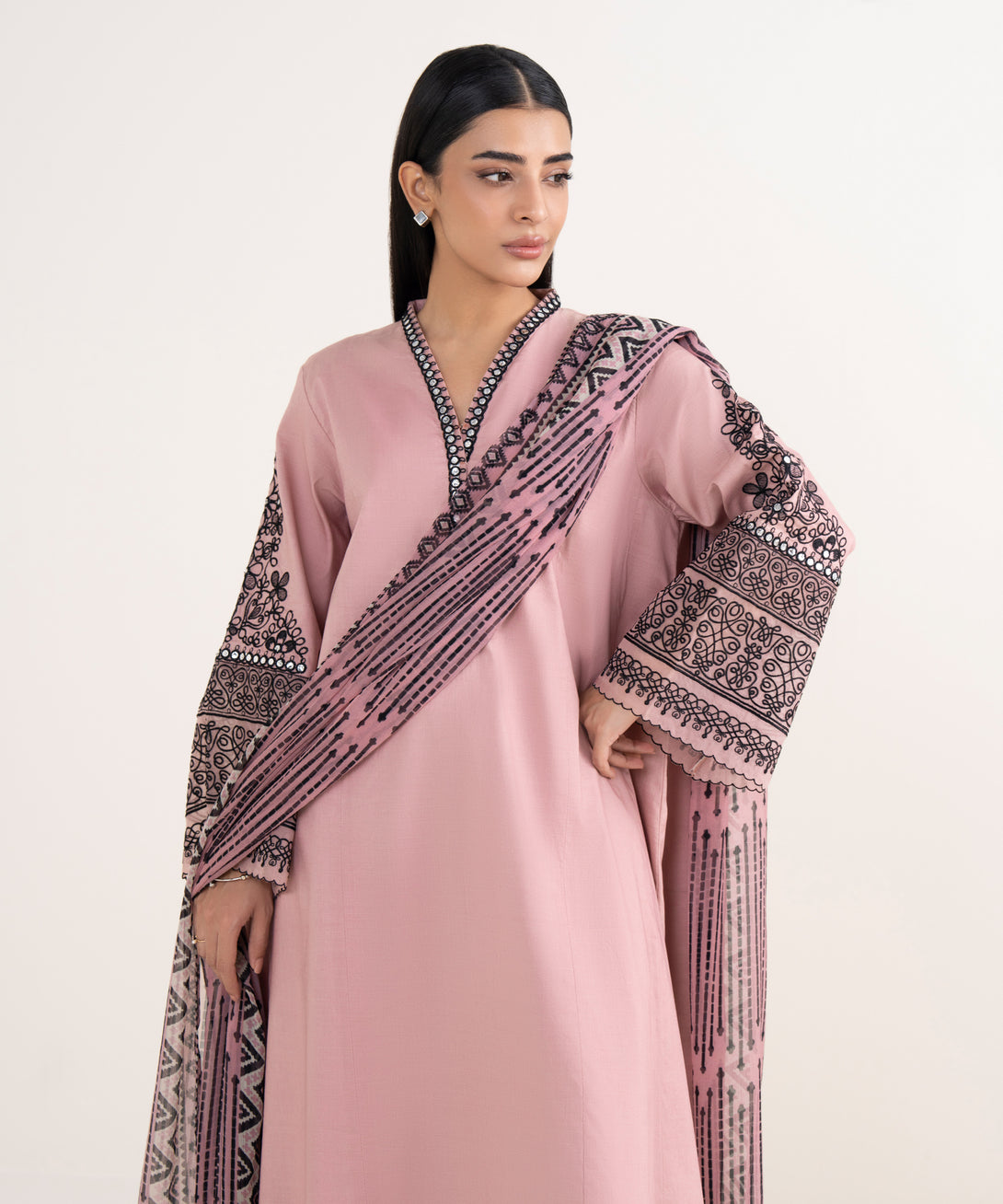 Women's Unstitched Cotton Embroidered Pink 3 Piece Suit