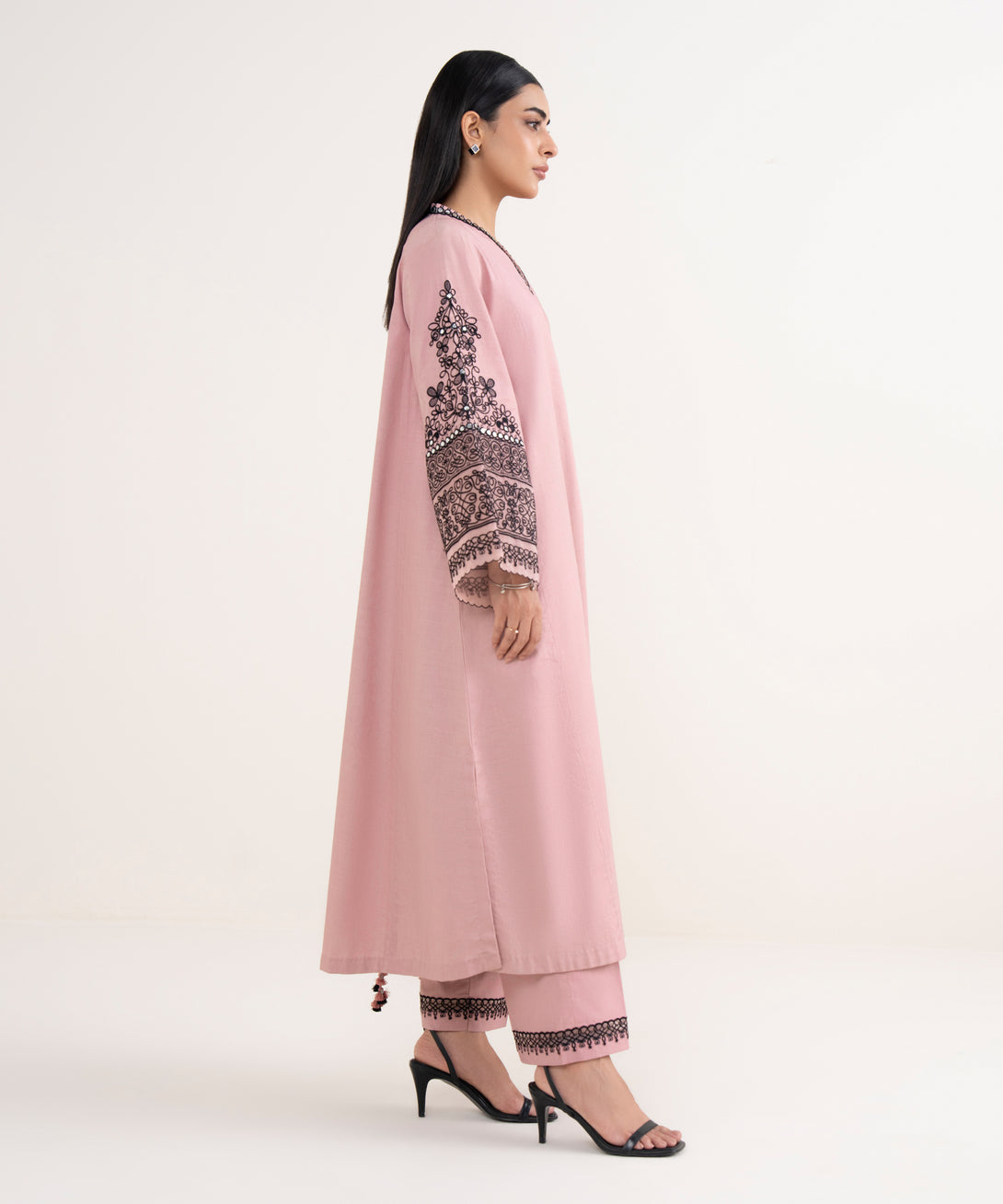 Women's Unstitched Cotton Embroidered Pink 3 Piece Suit