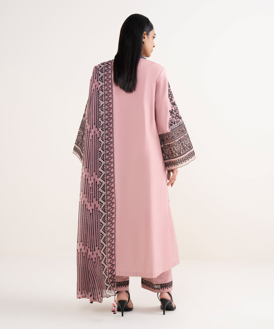 Women's Unstitched Cotton Embroidered Pink 3 Piece Suit