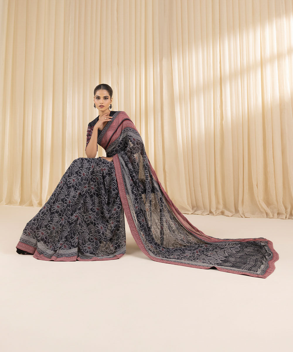  Women's Embroidered Raw Silk Black Saree