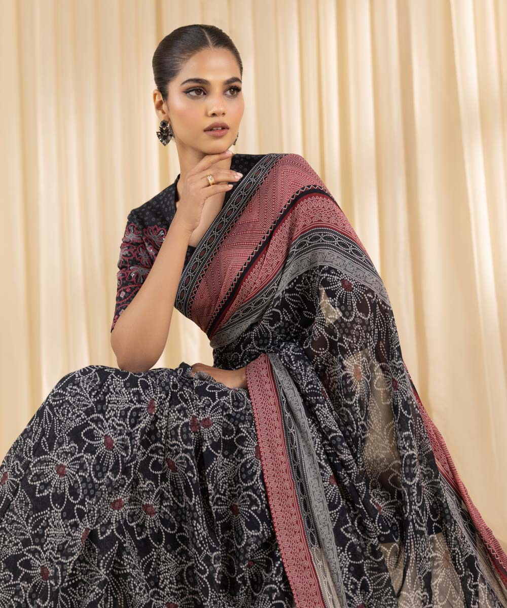  Women's Embroidered Raw Silk Black Saree