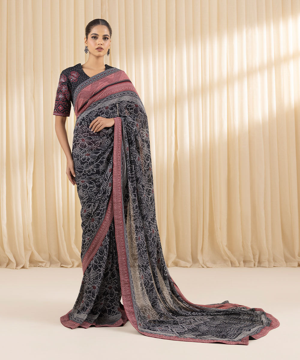  Women's Embroidered Raw Silk Black Saree