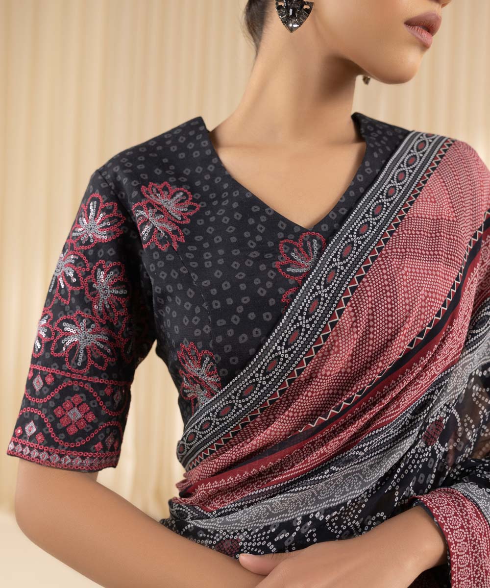  Women's Embroidered Raw Silk Black Saree