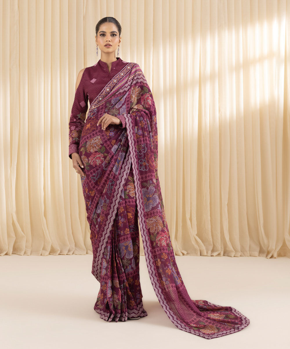  Women's Embroidered Raw Silk Purple Saree