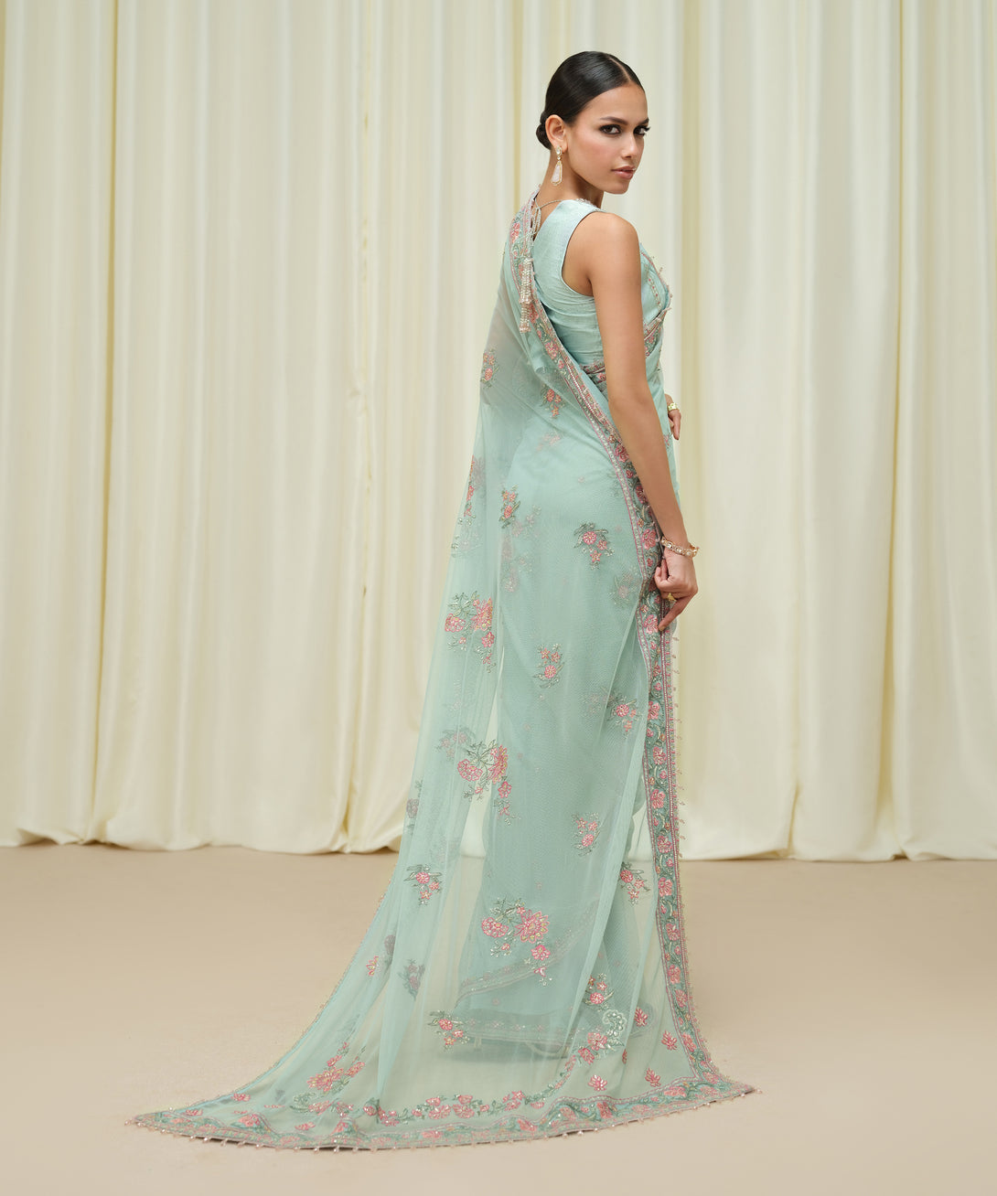 Women's Unstitched Embroidered Net Blue Saree
