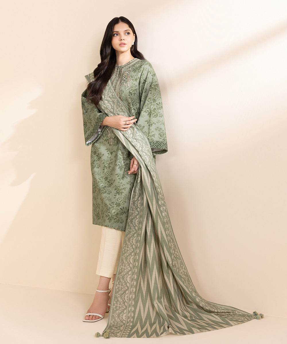 Women's Unstitched Cambric Embroidered Green 2 Piece Suit