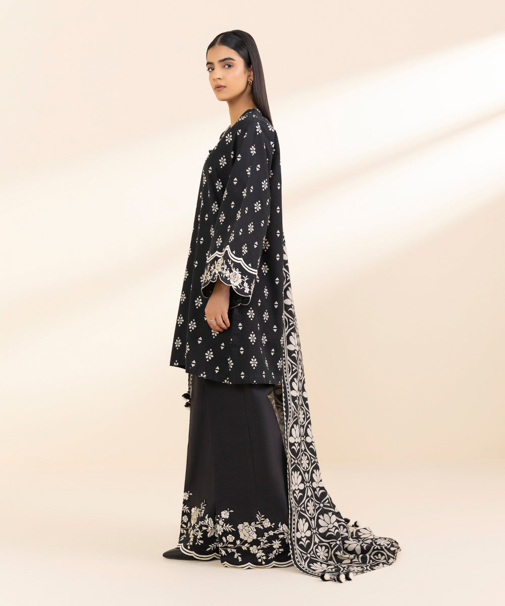 Women's Unstitched Khaddar Embroidered Black 2 Piece Suit