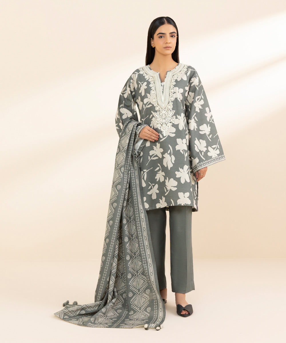 Women's Unstitched Khaddar Embroidered Grey 2 Piece Suit