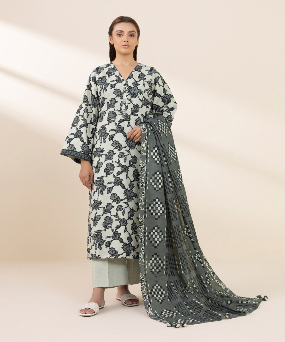 Women's Unstitched Khaddar Printed Grey 2 Piece Suit