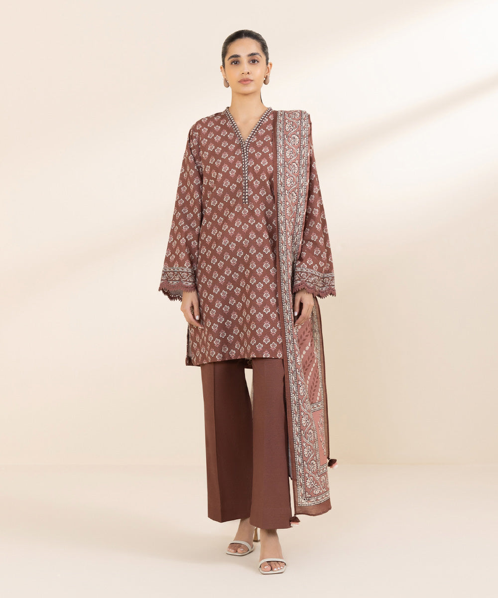 Women's Unstitched Light Khaddar Beige Printed 2 Piece Suit 