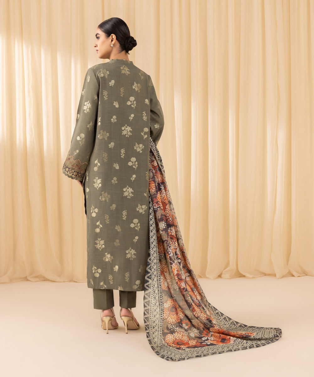 Women's Unstitched Embroidered Arabic Extra Weft Grey 3 Piece Suit