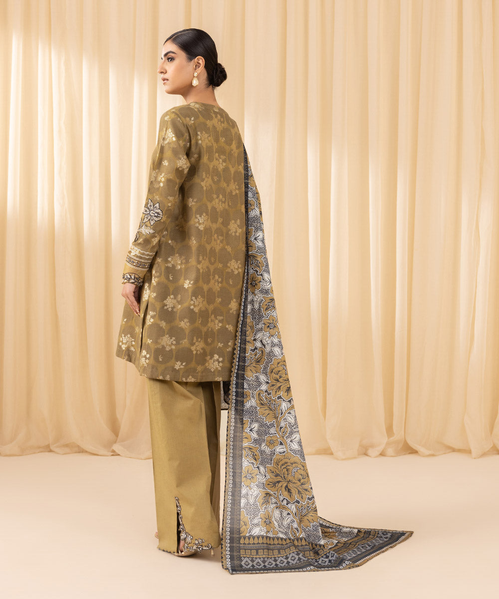 Women's Unstitched Embroidered Arabic Extra Weft Brown 3 Piece Suit