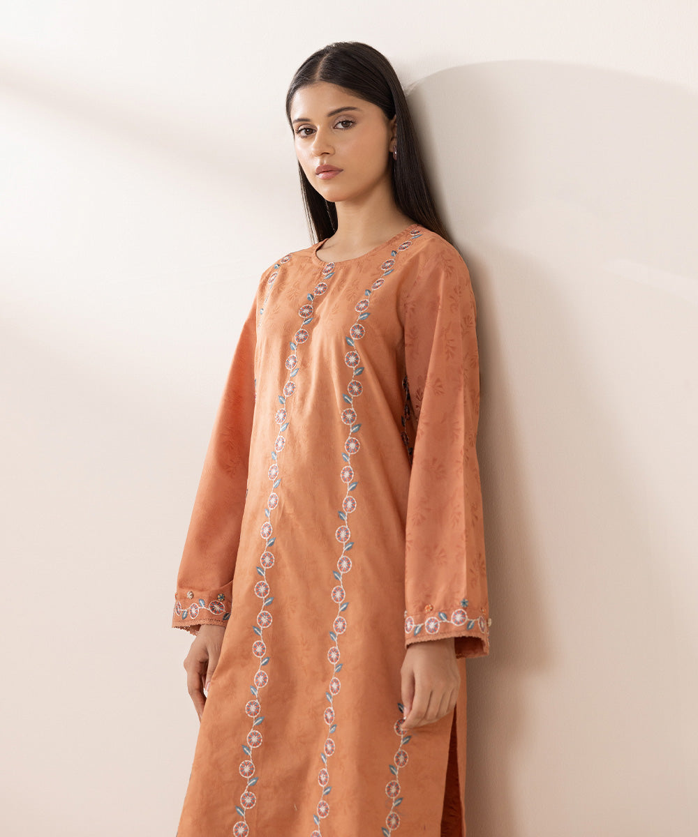 Women's Pret Cotton Jacquard Embroidered Orange A-Line Shirt