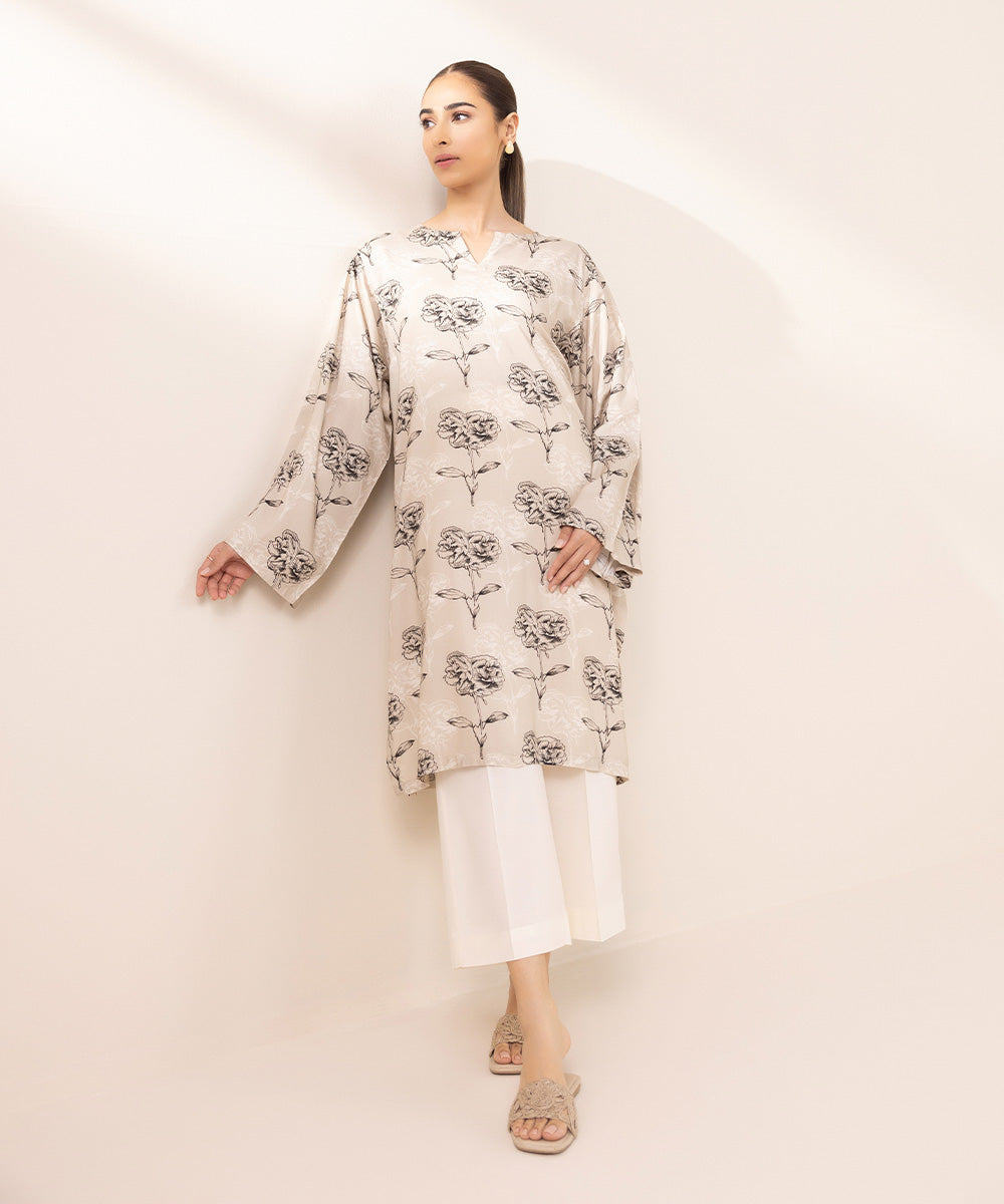 Women's Pret Arabic Lawn Printed Beige Boxy Shirt