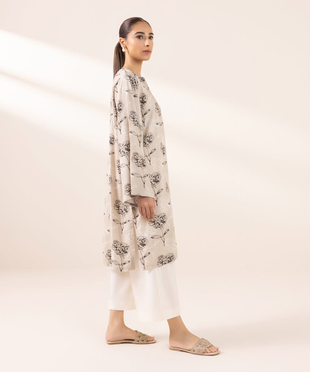 Women's Pret Arabic Lawn Printed Beige Boxy Shirt