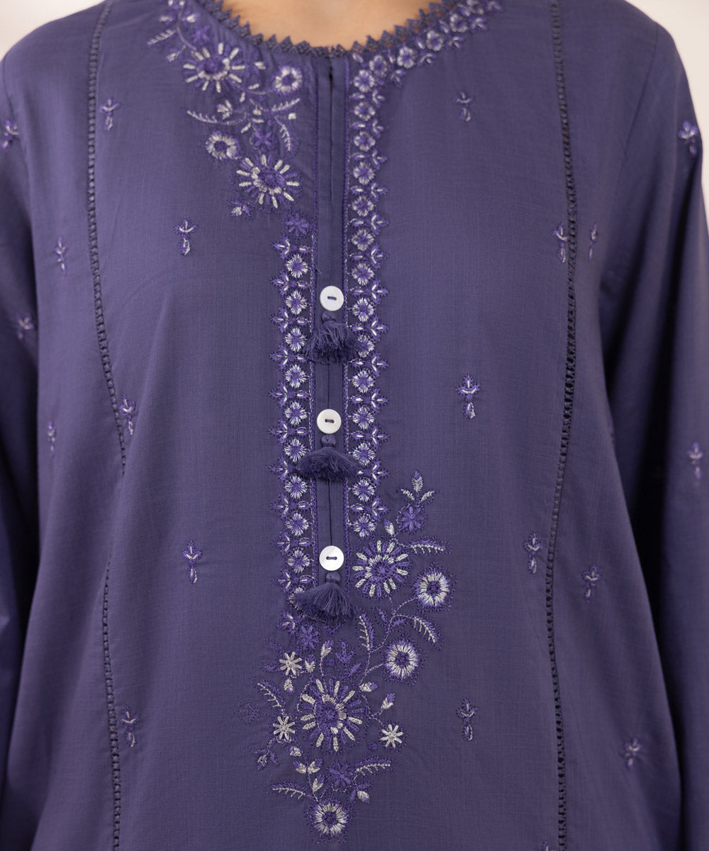 Women's Pret Cross Hatch Embroidered Purple A-Line Shirt