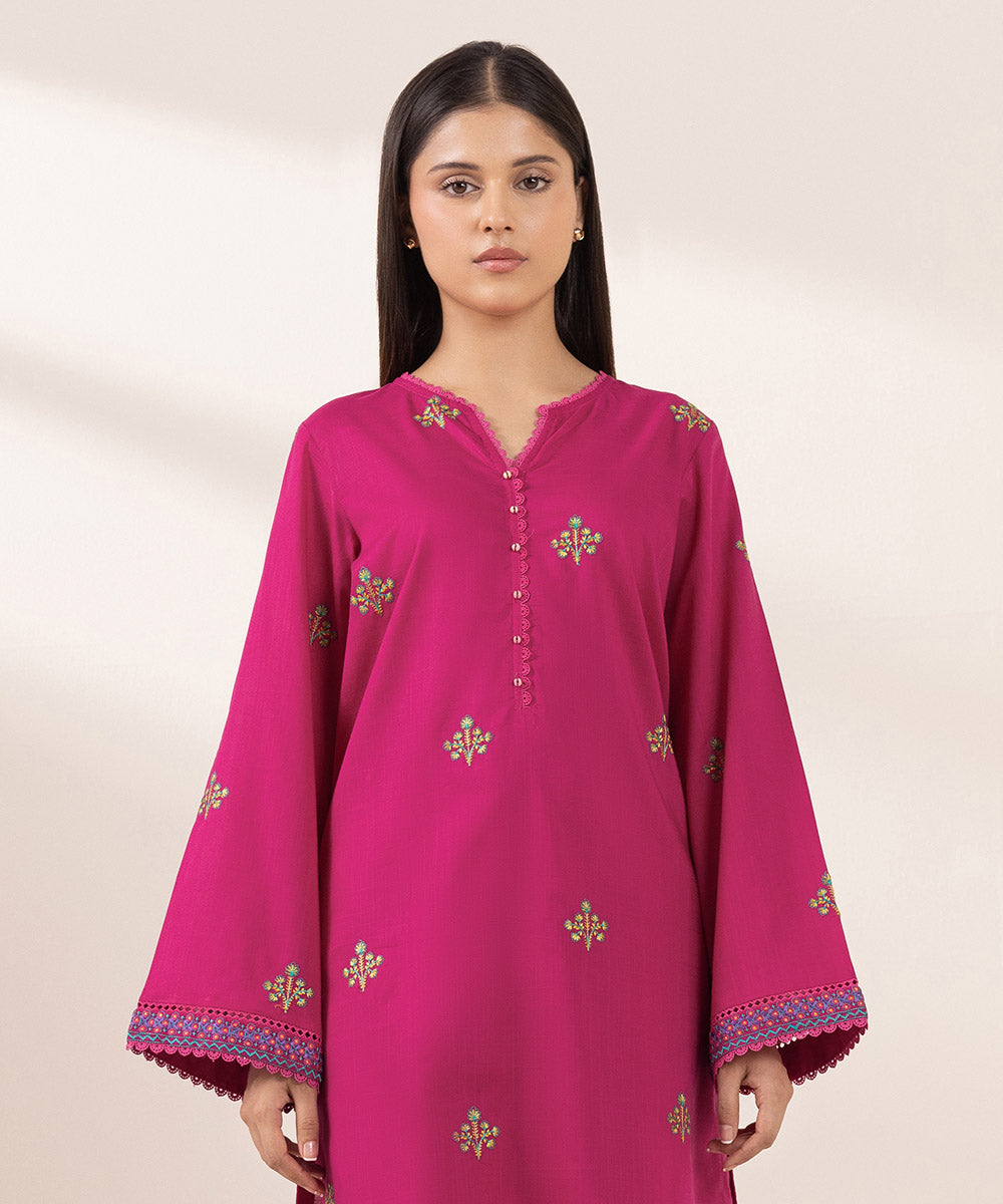 Women's Pret Cross Hatch Embroidered Pink A-Line Shirt