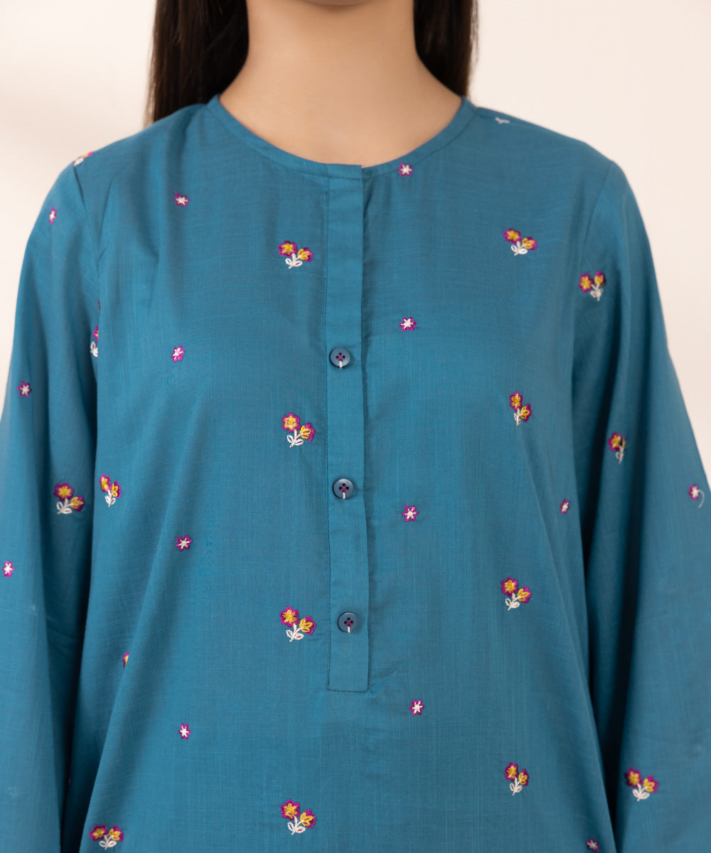 Women's Pret Cross Hatch Embroidered Blue A-Line Shirt