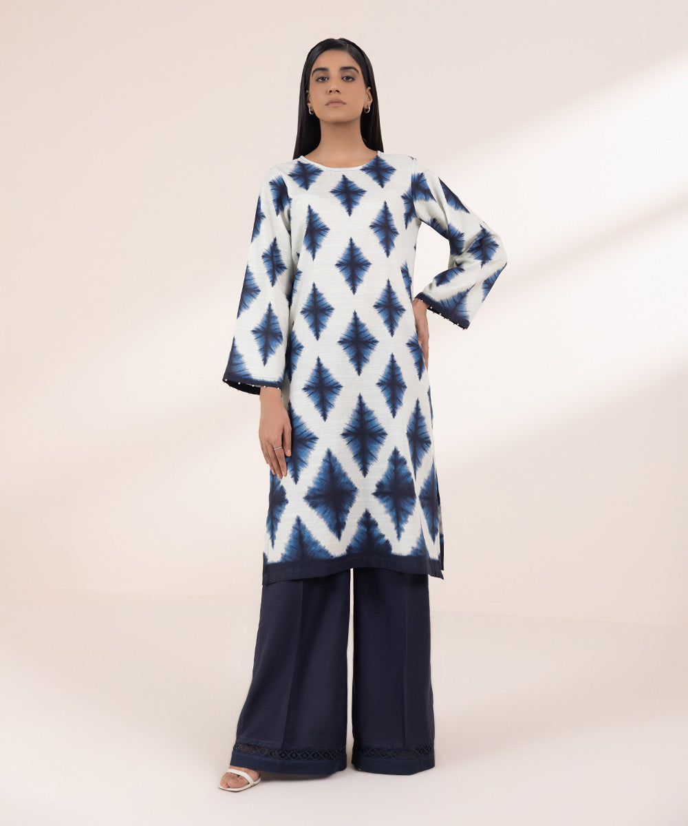 Women's Pret Khaddar Printed Blue on Off White A-Line Shirt