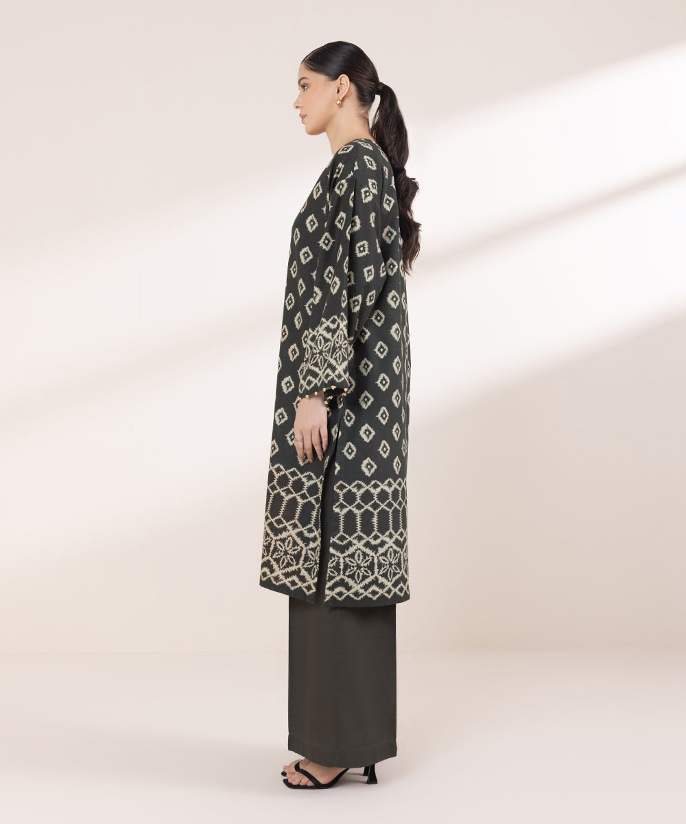 Women's Pret Khaddar Printed Dark Brown Boxy Shirt