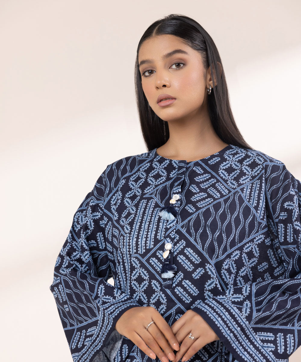 Women's Pret Khaddar Printed Navy Blue Boxy Shirt