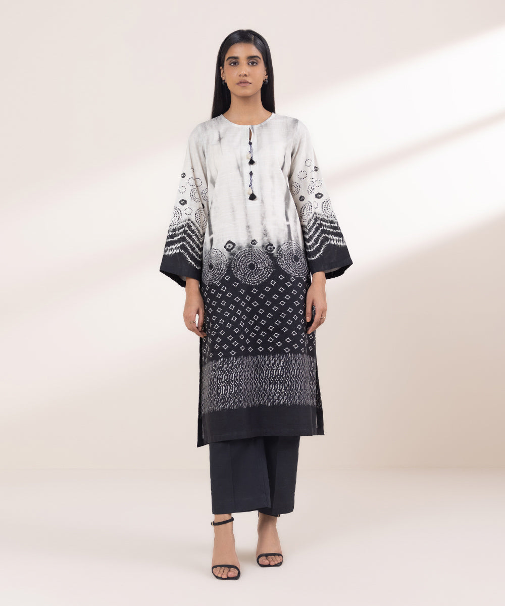 Women's Pret Khaddar Printed Black And White A-Line Shirt