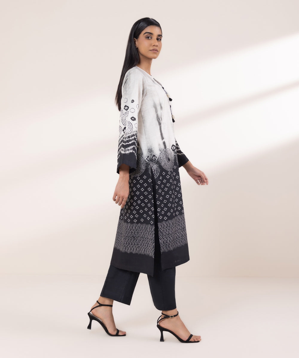 Women's Pret Khaddar Printed Black And White A-Line Shirt