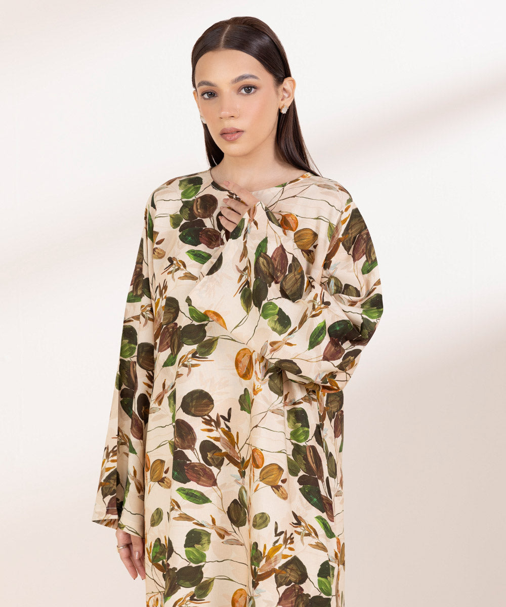 Women's Pret Linen Printed Beige A-Line Shirt