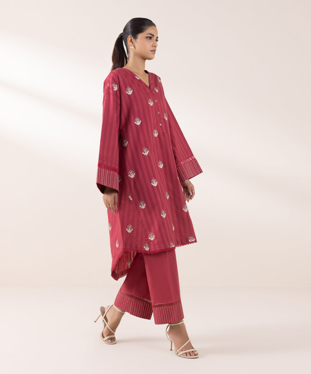 Women's Pret Dobby Embroidered Pinkish Red Boxy Shirt