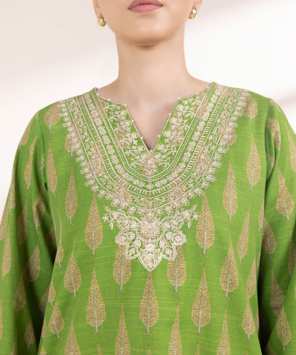 Women's Pret Khaddar Embroidered Parrot Green A-Line Shirt