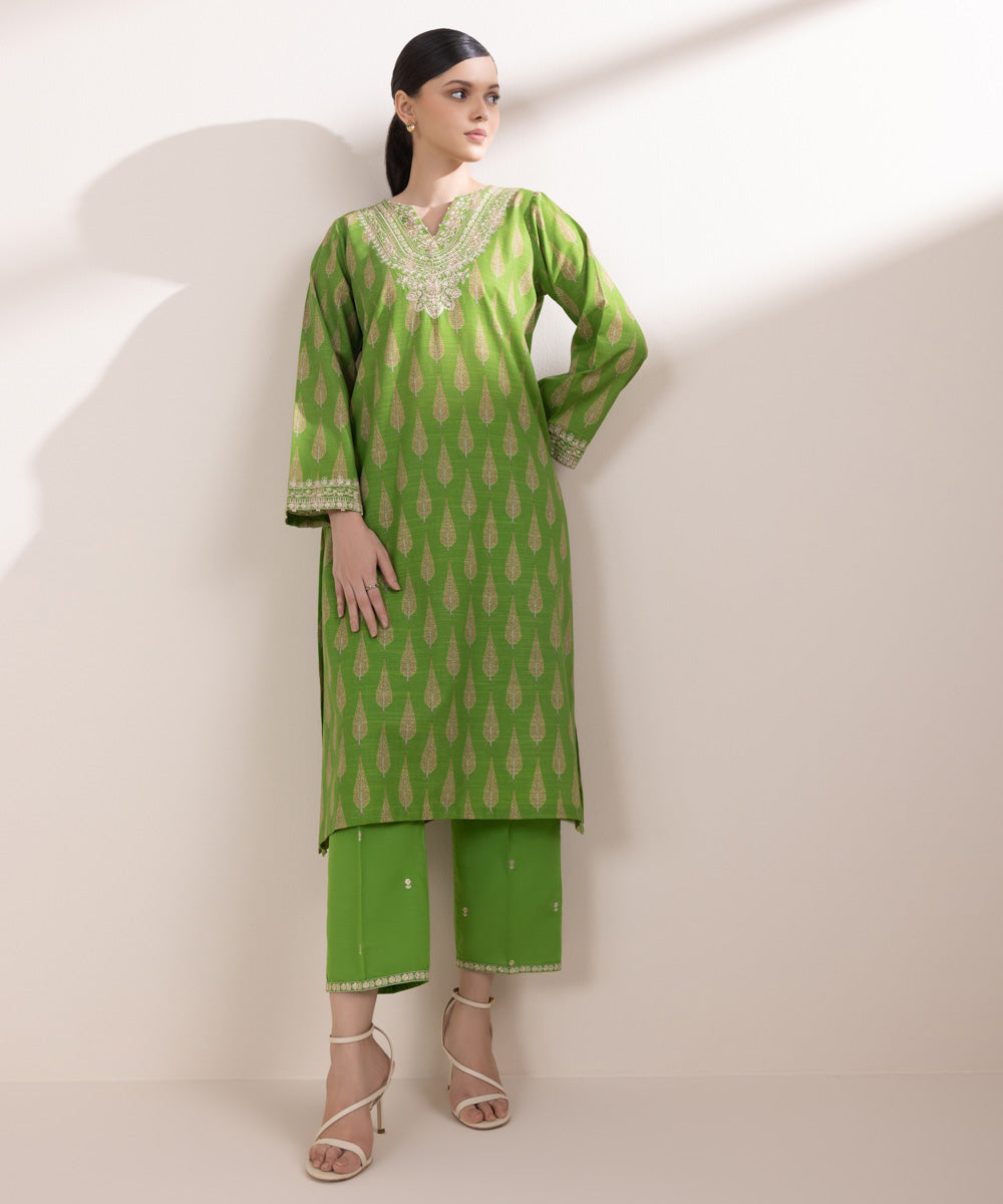 Women's Pret Khaddar Embroidered Parrot Green A-Line Shirt