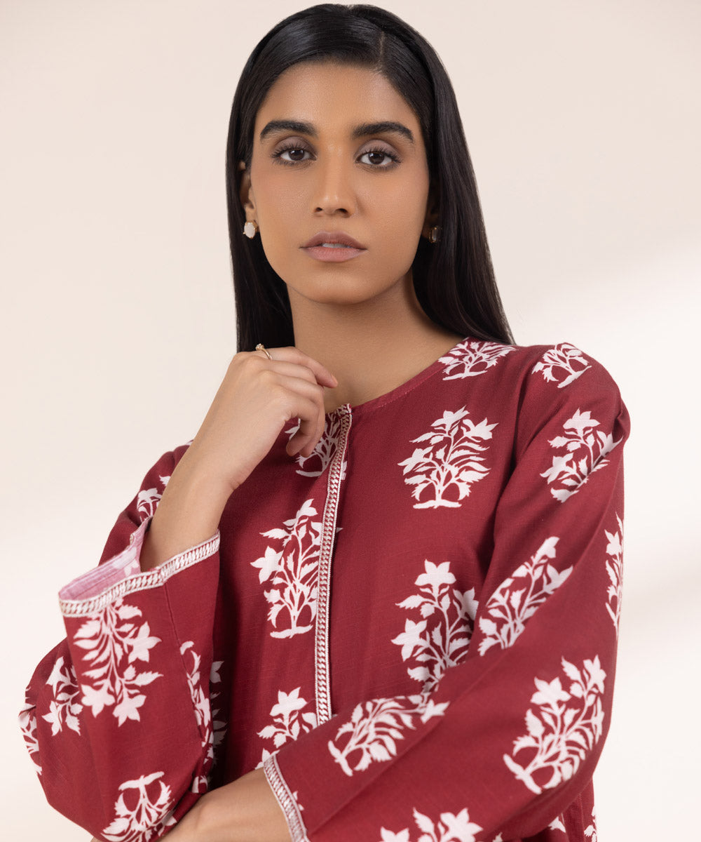 Women's Pret Khaddar Embroidered Red A-Line Shirt