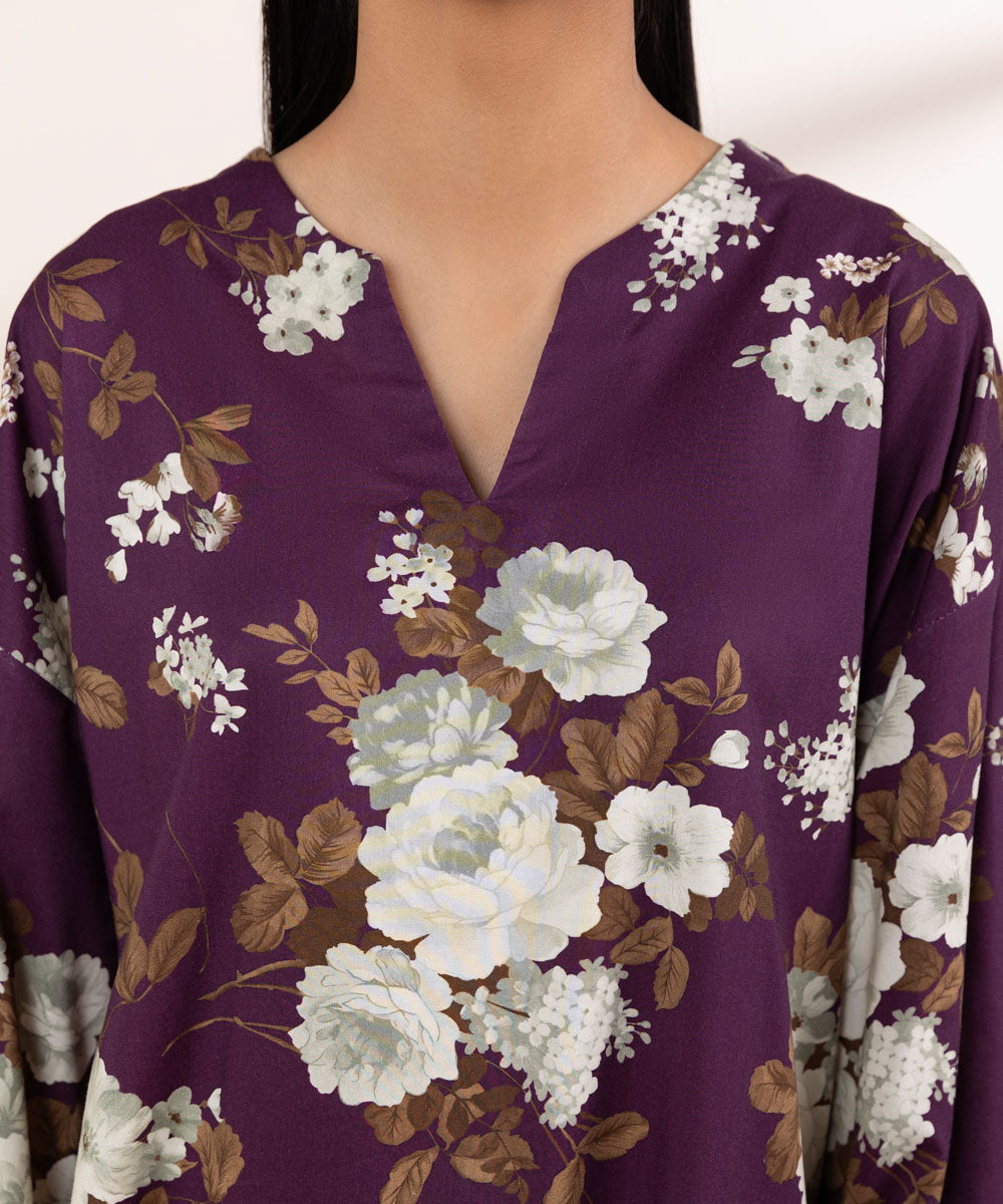 Women's Pret Cotton Viscose Purple Printed Boxy Shirt