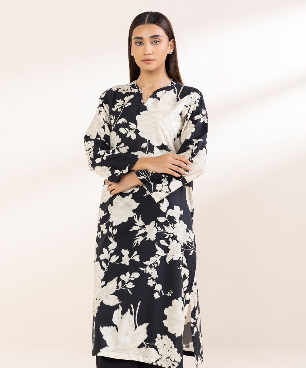 Women's Pret Cotton Viscose Black Printed A-Line Shirt