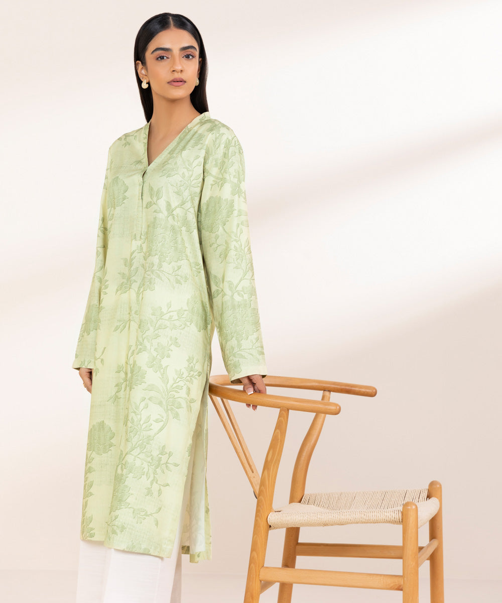 Women's Pret Linen Green Printed Straight Shirt