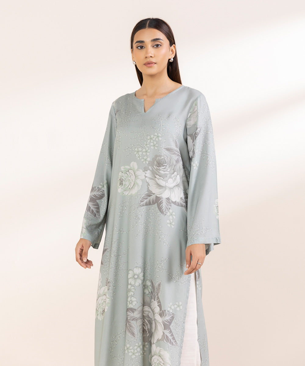 Women's Pret Linen Grey Printed Straight Shirt