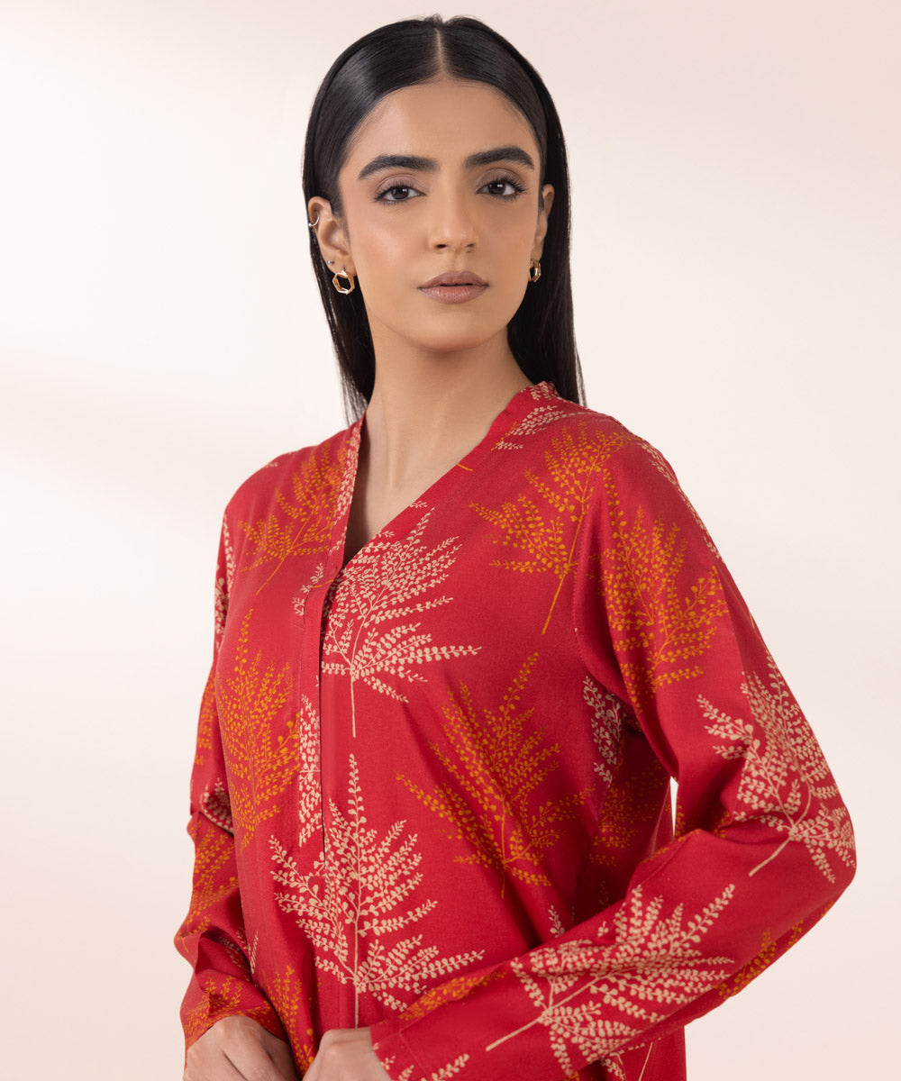 Women's Pret Linen Red Printed Straight Shirt