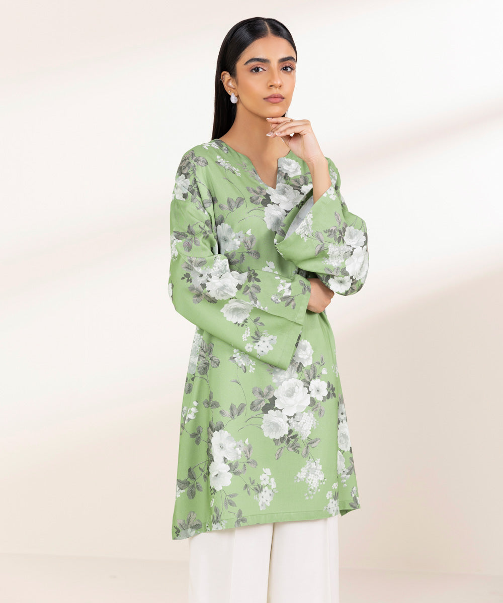 Women's Pret Linen Green Printed Boxy Shirt