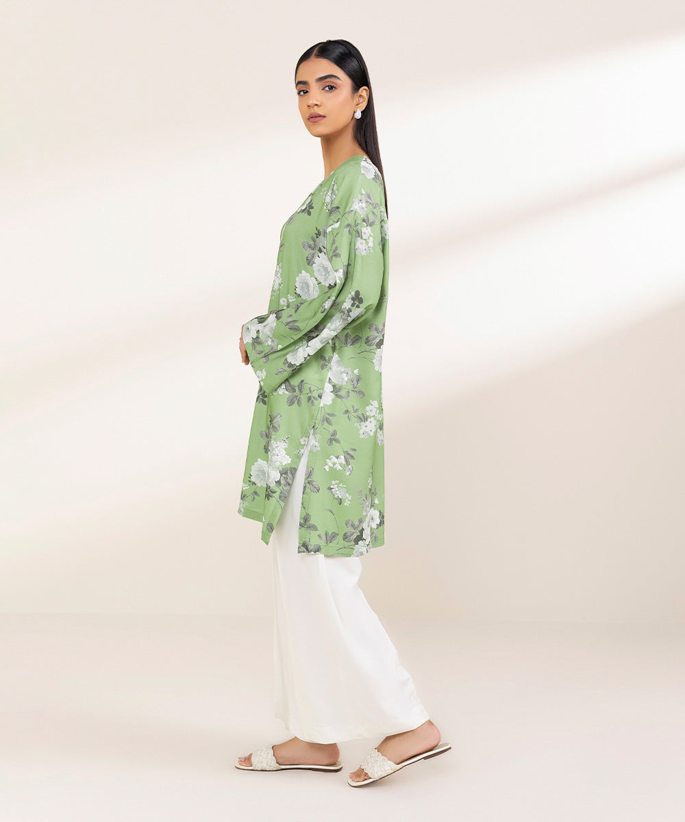 Women's Pret Linen Green Printed Boxy Shirt