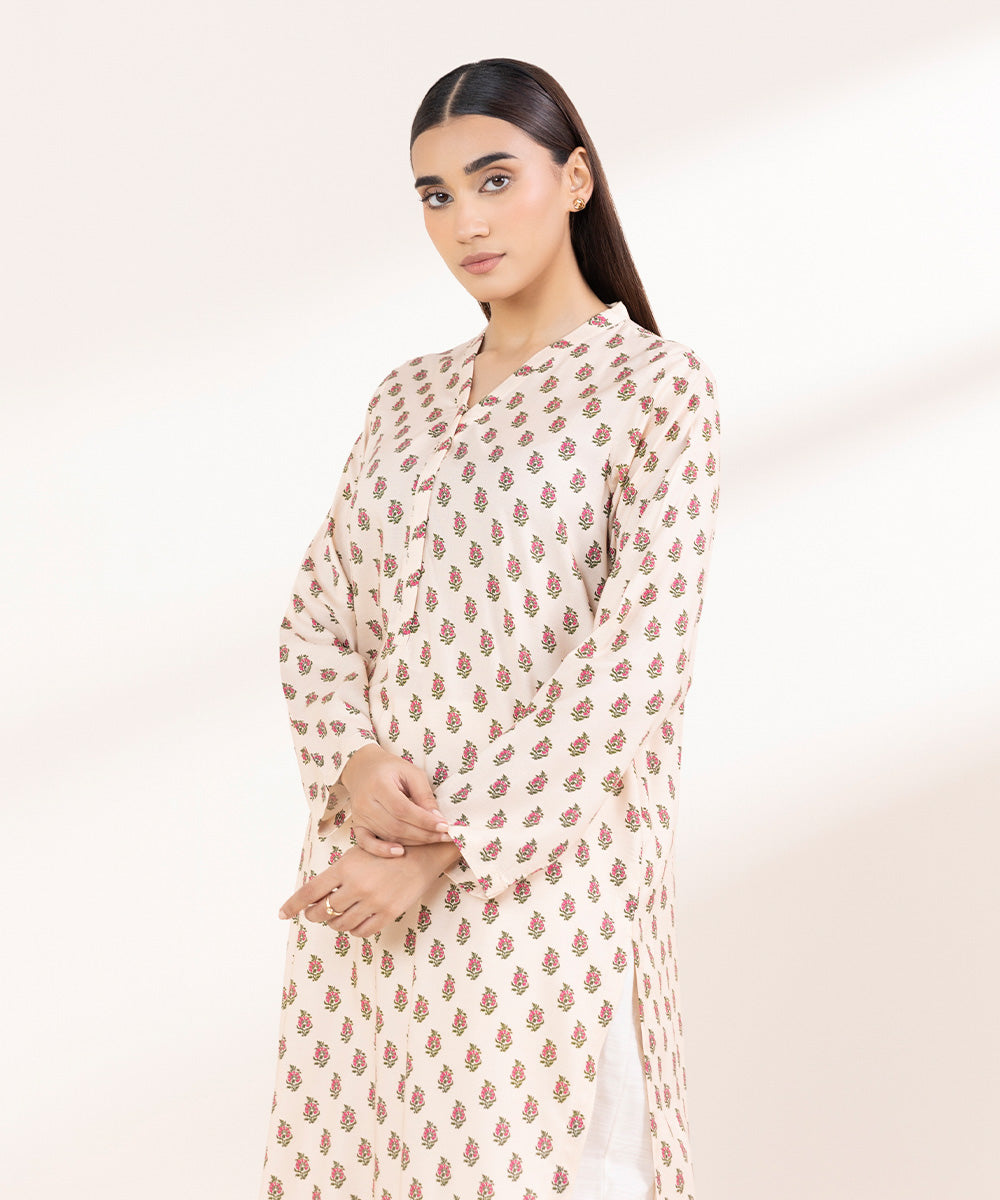 Women's Pret Linen Printed Cream Straight Shirt