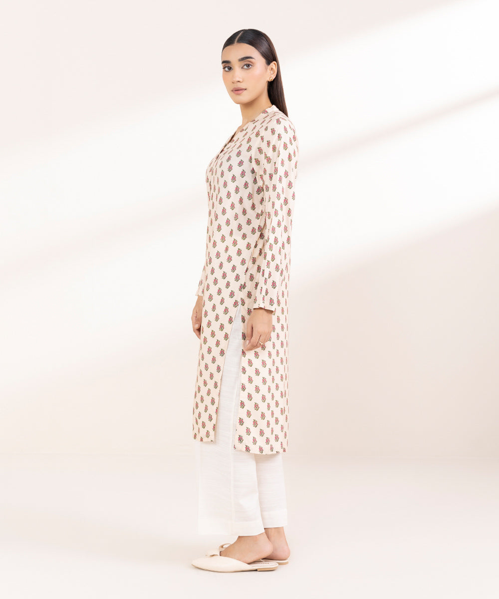 Women's Pret Linen Printed Cream Straight Shirt