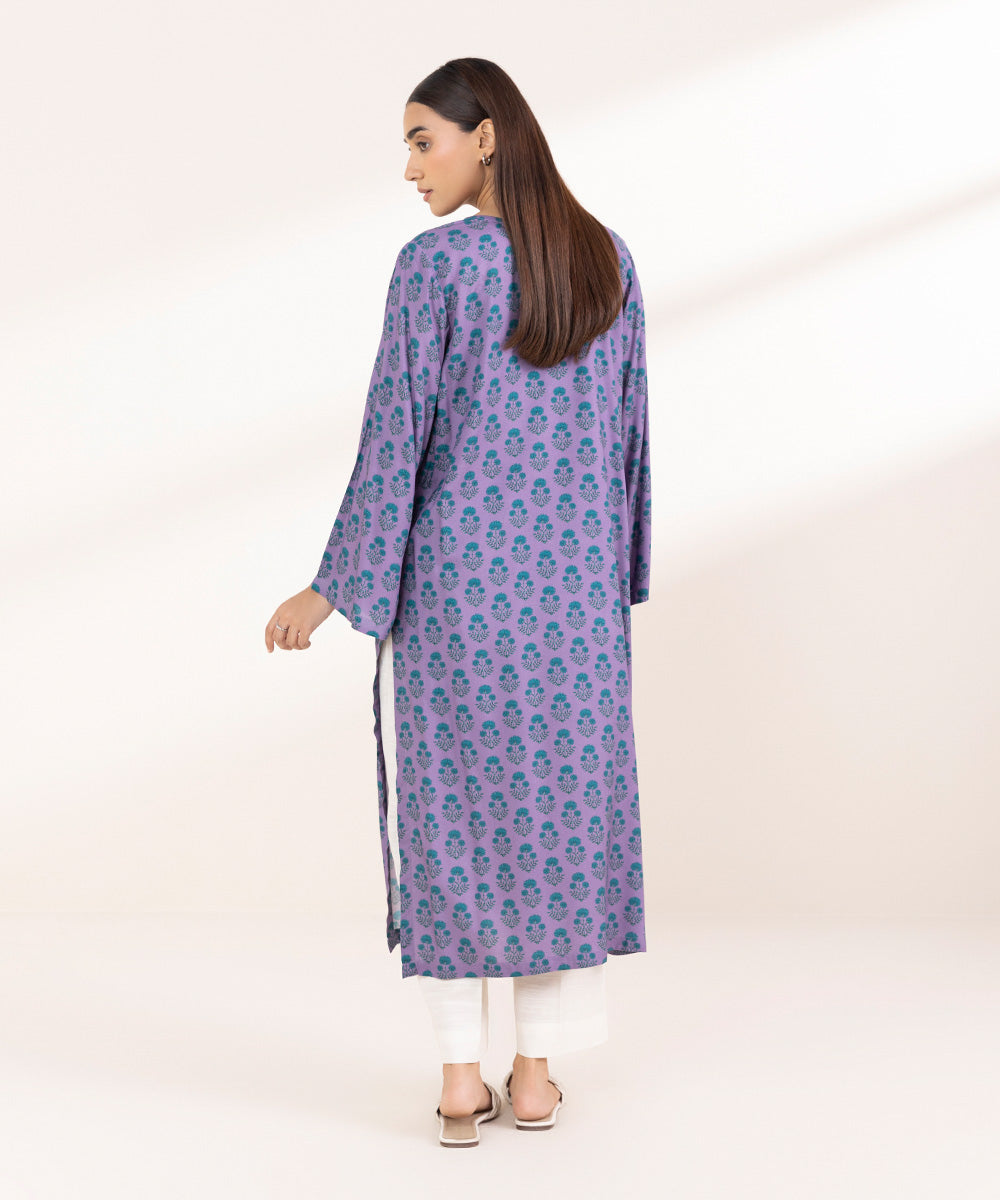 Women's Pret Linen Printed Lavender Straight Shirt