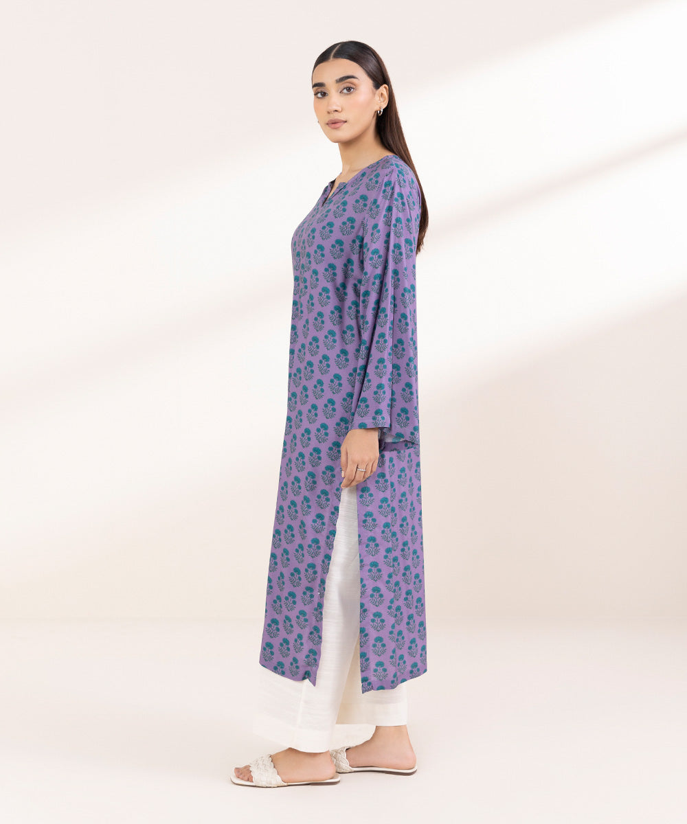 Women's Pret Linen Printed Lavender Straight Shirt